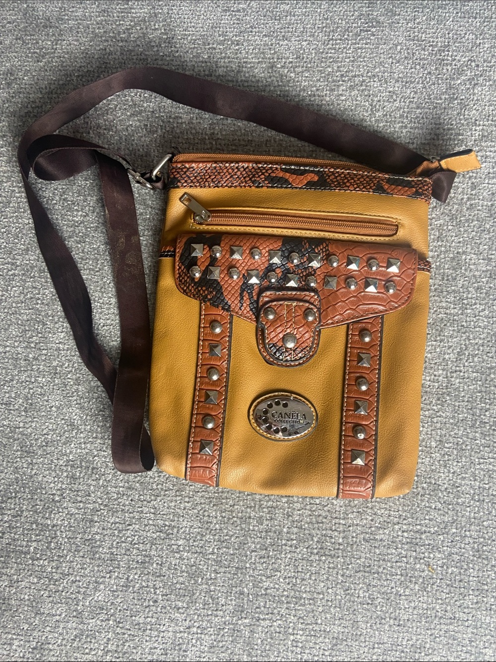 Tan and Brown Studded Canela Messenger Crossbody bag